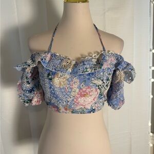 Fashion Nova Floral Lace Crop Top XS Off Shoulder Puff Sleeve Cottagecore